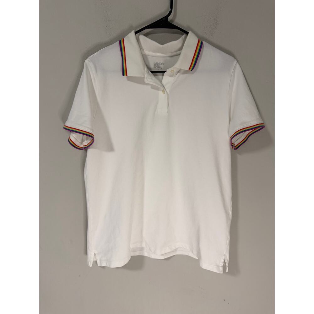Lands’ End White Polo Shirt Rainbow Collar Trim Preppy Golfcore‎ Women L